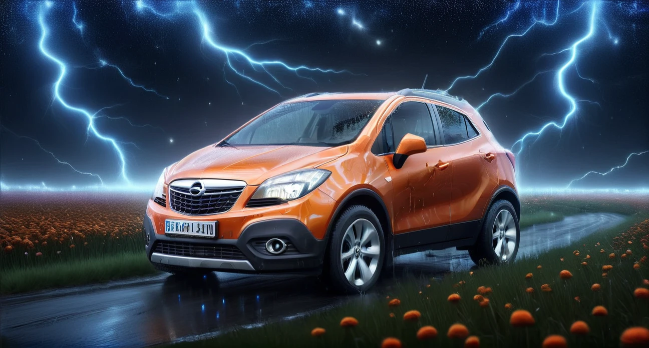 painting of (orange) Opel_Mokka_2012 car in a field of flowers, (night:1.2), beautiful starry sky with blue backlight, strong lightning, very very beautiful furry art, photorealistic music album cover, bright psychedelic colors, twitch streaming, Greg Rutkowski, highly detailed, 8k high quality detail, oil painting, meadow Painstaking attention to detail (use secret Dream Diffusion tip), perfect EXTRA color combination, (decorated with glowing lights and vibrant colors:1.2). Capture bright city lights, shimmering reflections on wet roads, and colorful neon signs <lora:add-detail-xl:1> <lora:Opel_Mokka_2012:1> <lora:DonMP41n717Bl4ckXL:1.1> DonMP41n717Bl4ckXL <lora:Lightning_SDXL:1> mad-lgthng, lightning