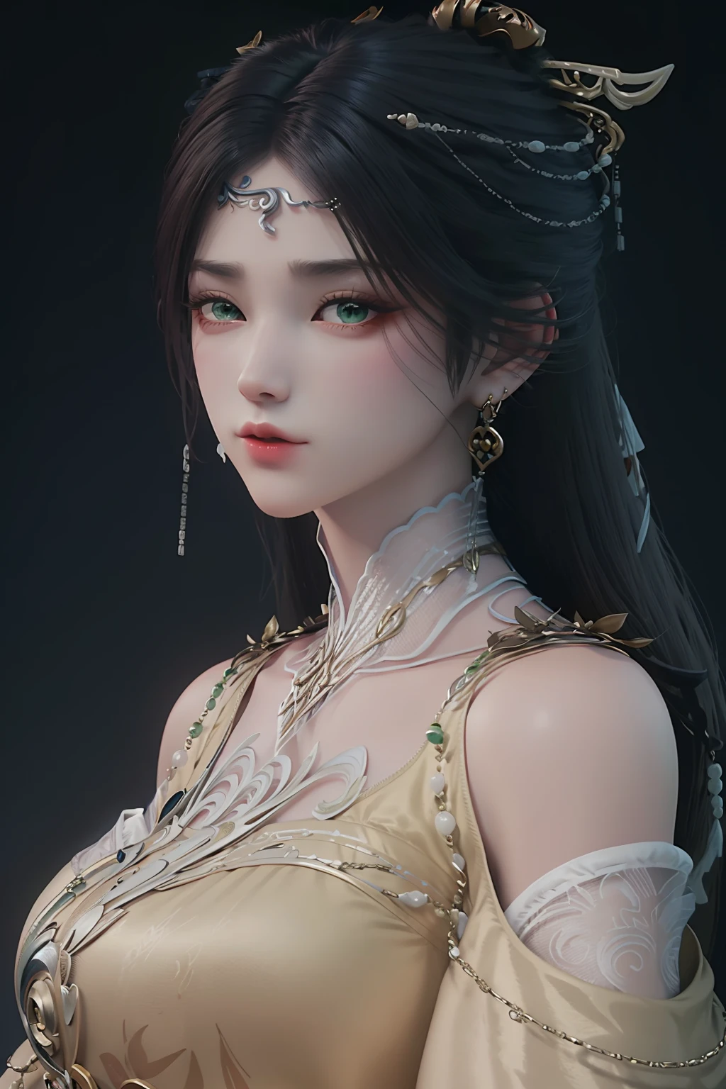 breathtaking <lora:jinpinger:1>,jinpinger,1girl,solo,hair ornament,jewelry,earrings,dress,black hair,long hair,green eyes,looking at viewer,bare shoulders,(simple background:1.3),beads,portrait,(black background:1.4),eyeshadow,, best quality , masterpiece, illustration, an extremely delicate and beautiful, extremely detailed ,CG,unity,8k wallpaper, Amazing, finely detail, masterpiece, best quality,official art,extremely detailed CG unity 8k wallpaper,absurdres, incredibly absurdres, huge filesize , ultra-detailed, highres, extremely detailed,beautiful detailed girl, extremely detailed eyes and face, beautiful detailed eyes,light on face, . award-winning, professional, highly detailed