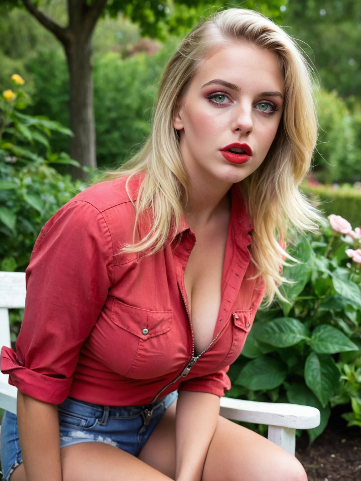 blowjobsex, handjobsex, eroticposing, cumfacial, cumonbreasts zrpgstyle, portrait of a 20 years old young woman, sitting on the porch wearing open button (((red shirt:2))) and (((unzipped:2))) short shorts, large breasts, breasts, nipples, no bra, frosted blonde hair, tanned skin, with blonde highlights, light green eyes, glamour eye makeup, lipstick, glossy lips, beautiful garden in the background, (masterpiece) (best quality) (detailed) (intricate). nsfw, uncensored, <lora:RsmCandie2XL:1>