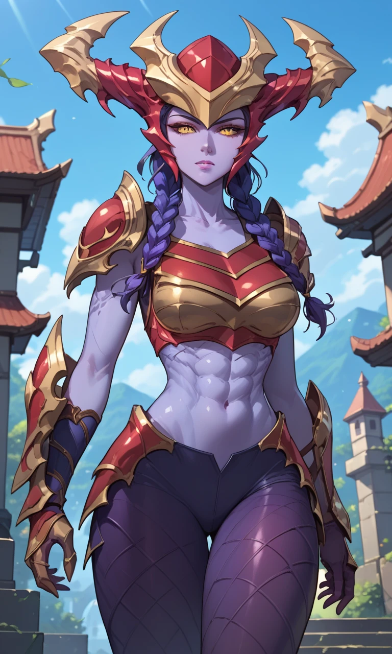 anime style, anime studio, vibrant, (score_9, score_8_up,score_7_up), masterpiece, best quality, ultra quality, 1girl,, glavakolhoza_shyvana, toned, outdoors, fantasy armour, purple skin, purple freckles, yellow eyes, big breasts, relaxed pose, armored gloves, long hair, twin braids, <lora:glavakolhoza_shyvana:0.8>