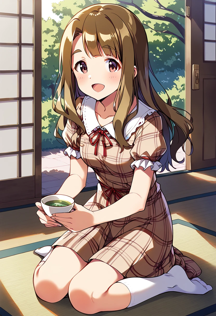 score_9, score_8_up, score_7_up, source_anime BREAK
miyao miya, casual, 1girl, brown hair, brown eyes, solo, open mouth, smile, long hair, :d, sitting, looking at viewer, table, shogi, yunomi, thick eyebrows, sliding doors, tatami, brown dress, plaid dress, checkered dress, collared dress, puffy short sleeves, frilled sleeves, collared shirt, plaid shirt, plaid skirt, brown shirt,
red ribbon, neck ribbon, red neckwear, board game, socks, indoors, collarbone, tree, blush, tea, shouji, green tea, day, dutch angle, pink eyes, no shoes, hair down, holding cup, blunt bangs, white legwear, teacup, zabuton, yunomi, knees together feet apart, wariza, kneeling
<lora:miyao_miya_sdxl_locon_pony_v1:0.7>