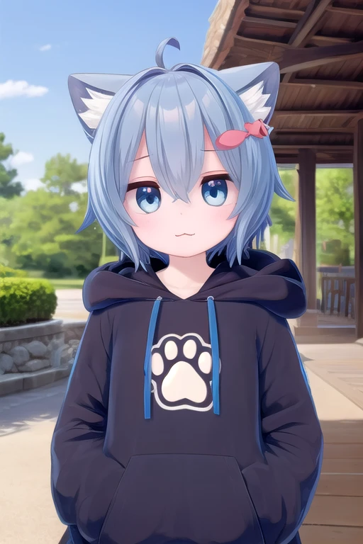 1girls, solo, outdoors, smile, closed mouth :3, hair between eyes, fish hair ornament, hood down, blue hair, bangs, looking at viewer, blue hair, paw print, add_detail:1, add_detail:0, add_detail:0.5, SmallFix Rusk