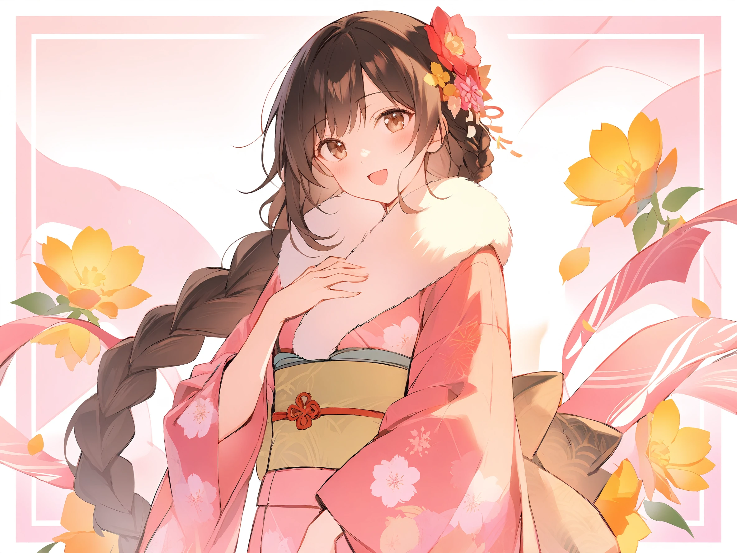 1girl,
solo, japanese clothes, pink background, white background, long sleeves, open mouth, brown eyes, braid, flower, head tilt, long hair, sash, obi, kimono, floral print, blush, single braid, upper body, pink kimono, looking at viewer, :d, brown hair, smile, fur collar, hair flower, print kimono, two-tone background, hand on own chest, wide sleeves, yellow flower, hand up,
masterpiece, best quality, safe
<lora:mki-ani31-blackmeow-v1-000120:1>