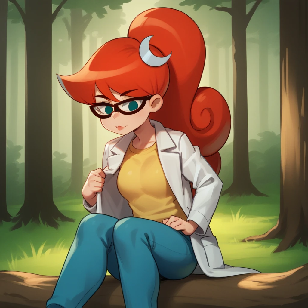 score_8_up, BREAK, source_cartoon, solo, 1girl, Mary, Red hair, long hair, high ponytail , blue eyes,  glasses, blue pants , yellow t-shirt,  crescent hair ornament , lab coat, long sleeves,    <lora:MaryTest_LeafXL_1:1>, forest, sitting,