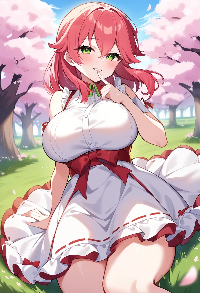 ((Red hair)), green eyes, long hair up to half with buns, huge bust, ((full lips)), ((masterpiece)), ((detailed)), ((Topless)), ((miniskirt)), ((Best Quality)), ((garden)), huge breasts, ((bright)), (pretty eyes), looking away, huge tits, standing pose, 