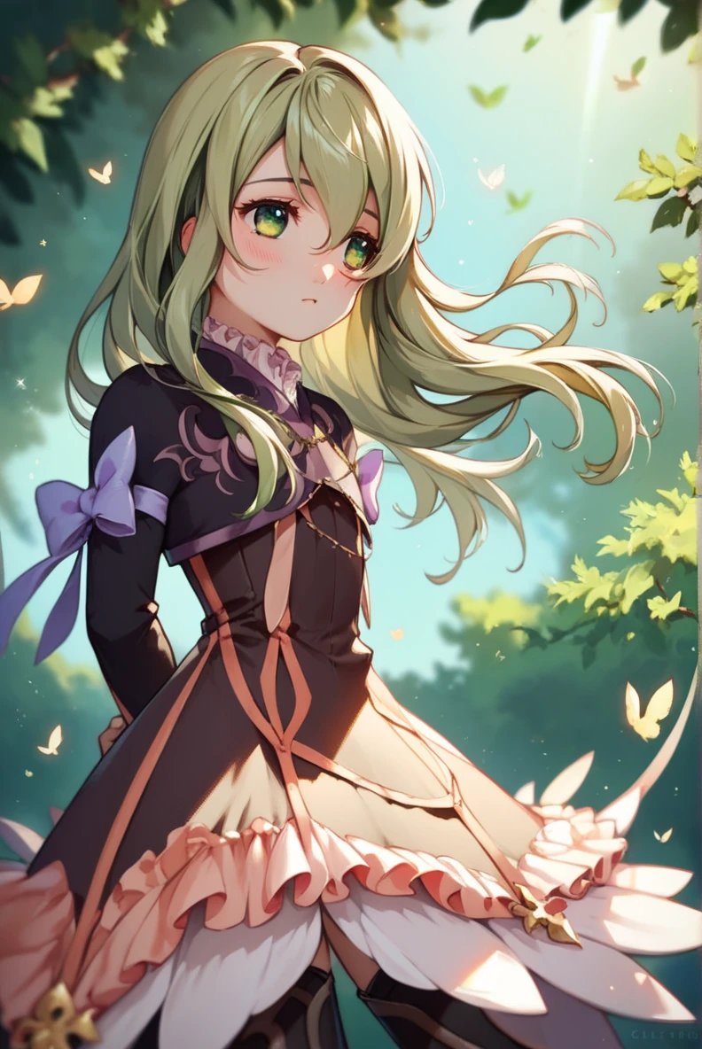 score_9, score_8_up, score_7_up, very aesthetic, source_anime, detailed, high quality, beautiful, masterpiece, detailed eyes,
indoor, blurry background,
<lora:lightXL:0.8>
cowboy shot, upper body,
flat chest,
arms behind back, looking away, blush
<lora:elizeX1_autismConfetti_v02:1>elize lutus, green hair, green eyes, long hair, dress, frills, ribbon, thigh boots, thighhighs,, zPDXL