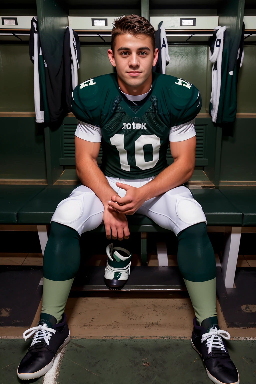 locker room, sitting on a bench, in front of lockers, slightly smiling, DanteColle, CFRyder is an (American football player), wearing (football uniform:1.3), (dark green jersey:1.3), (shoulder pads), (jersey number 10), (white football pants:1.3), (dark green socks:1.3), (black sneakers:1.3), (((full body portrait))), wide angle   <lora:DanteColle:0.8>