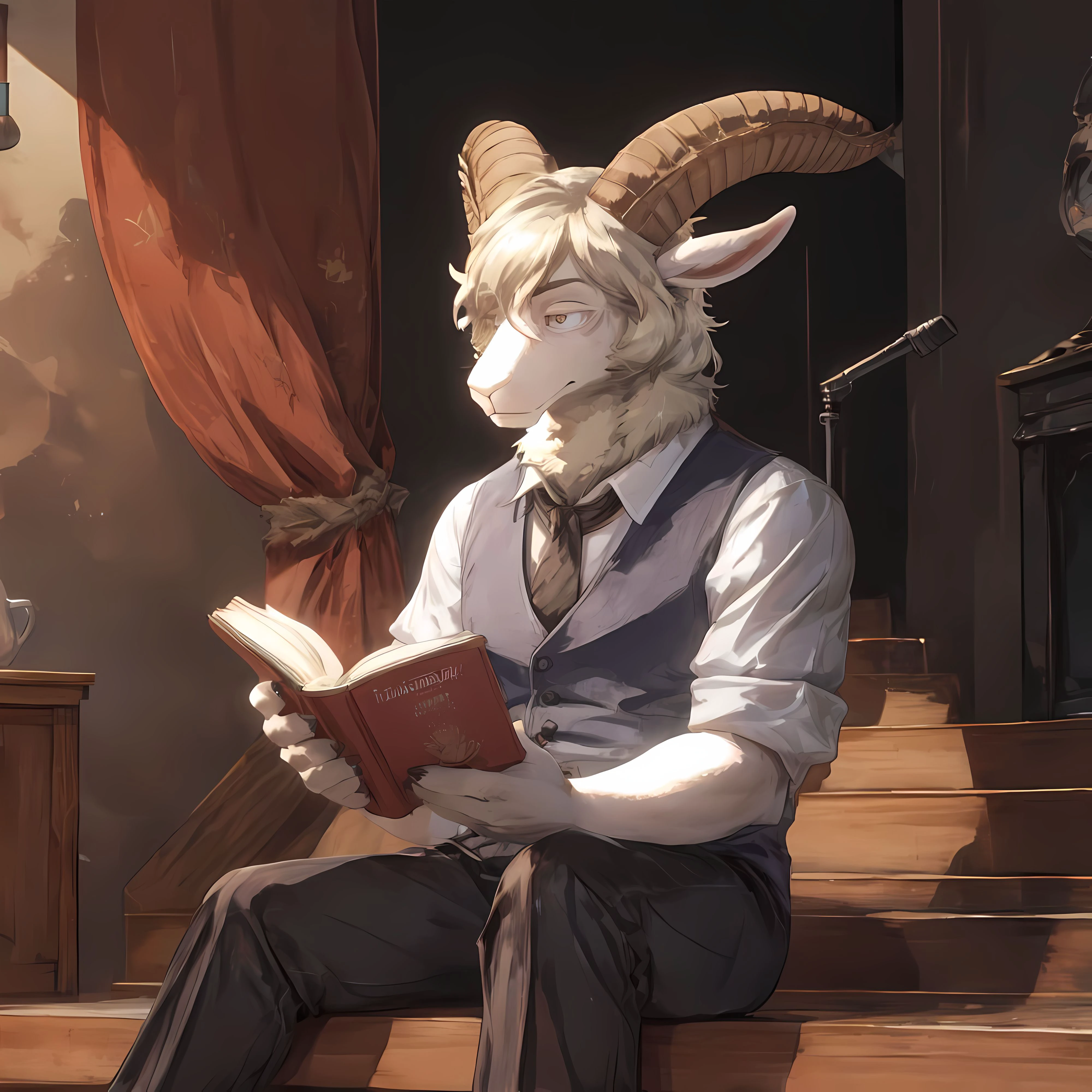 pina, beastsars, dall sheep, anthro, full body, sitting, close up, <lora:Pina-17:0.8>, reading book, looking at book <lora:Furtastic_Detailer:1>, serious expression, skinny,

inside, stage:1.3, stage lights, red stage curtains, wooden deck, sitting on steps,