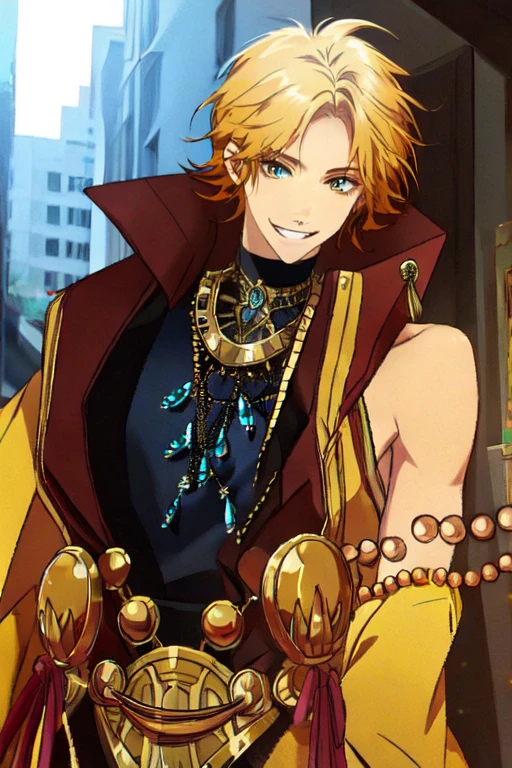 (masterpiece),(best_quality),yellow ribbon,bare shoulders,high collar,navel cutout,1boy,Nittenshi,black shirt,gold trim,jewelry,beads,smile,<lora:Nittenshi:1>,