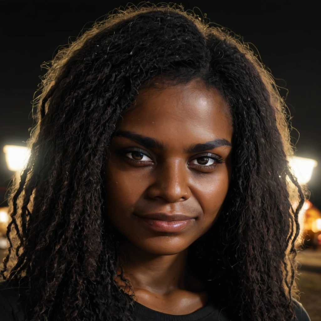 beautiful 18yo african woman , close up, shadows, perfect face,nighttime,dark photo,grainy,dimly lit,seductive smirk,harsh camera flash, grainy, highly detailed, (freckles:0.3), (skintexture), (background town), bokeh, (snub nose)