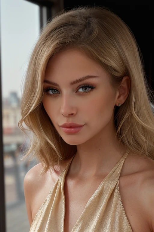 a-line dress cinematic still of a beautiful blonde woman, <lora:JessicaLee:1>, glamour model, luscious lips, black eyeliner, wearing makeup, glossy lips, blonde wavy hair, exotic location, photo realistic, posing for a instagram photo, epiCRealism