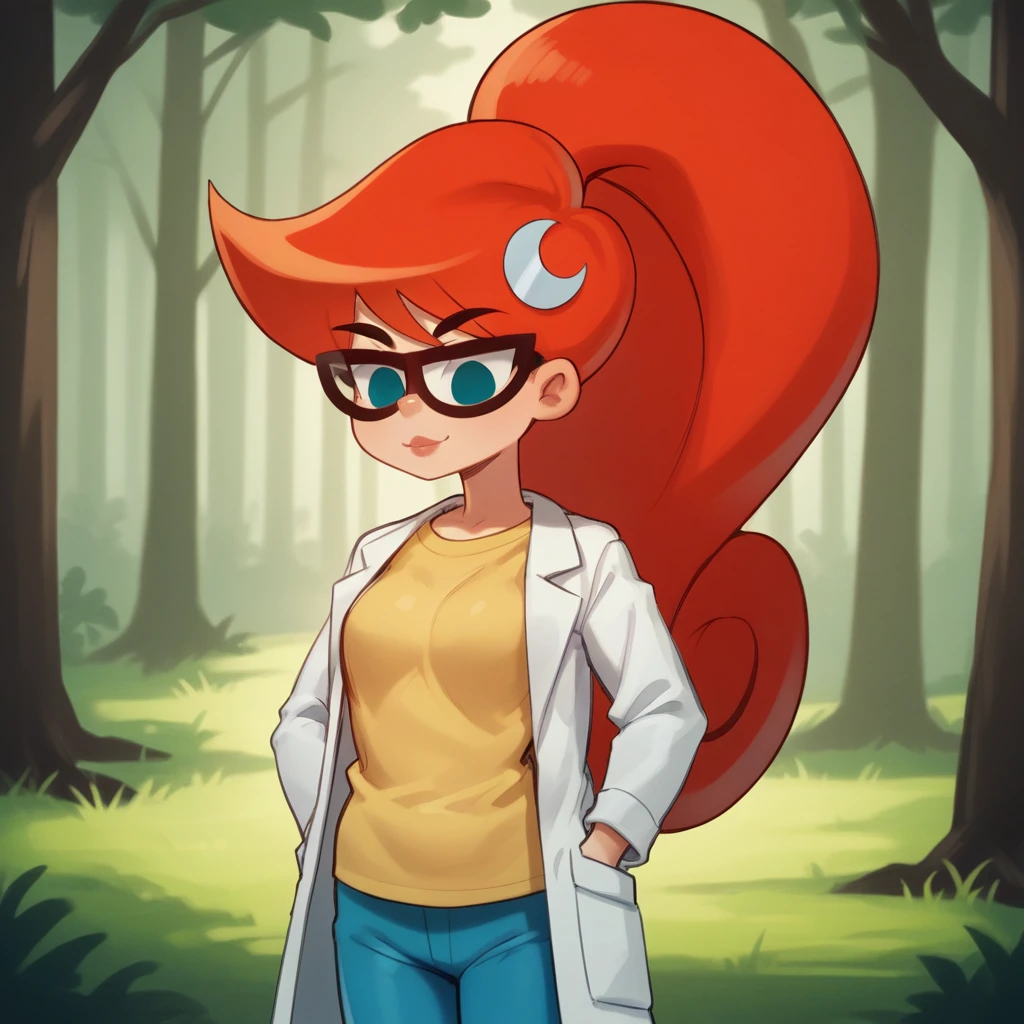 score_8_up, BREAK, source_cartoon, solo, 1girl, Mary, Red hair, long hair, high ponytail , blue eyes,  glasses, blue pants , yellow t-shirt,  crescent hair ornament , lab coat, long sleeves,    <lora:MaryTest_LeafXL_1:1>, forest,