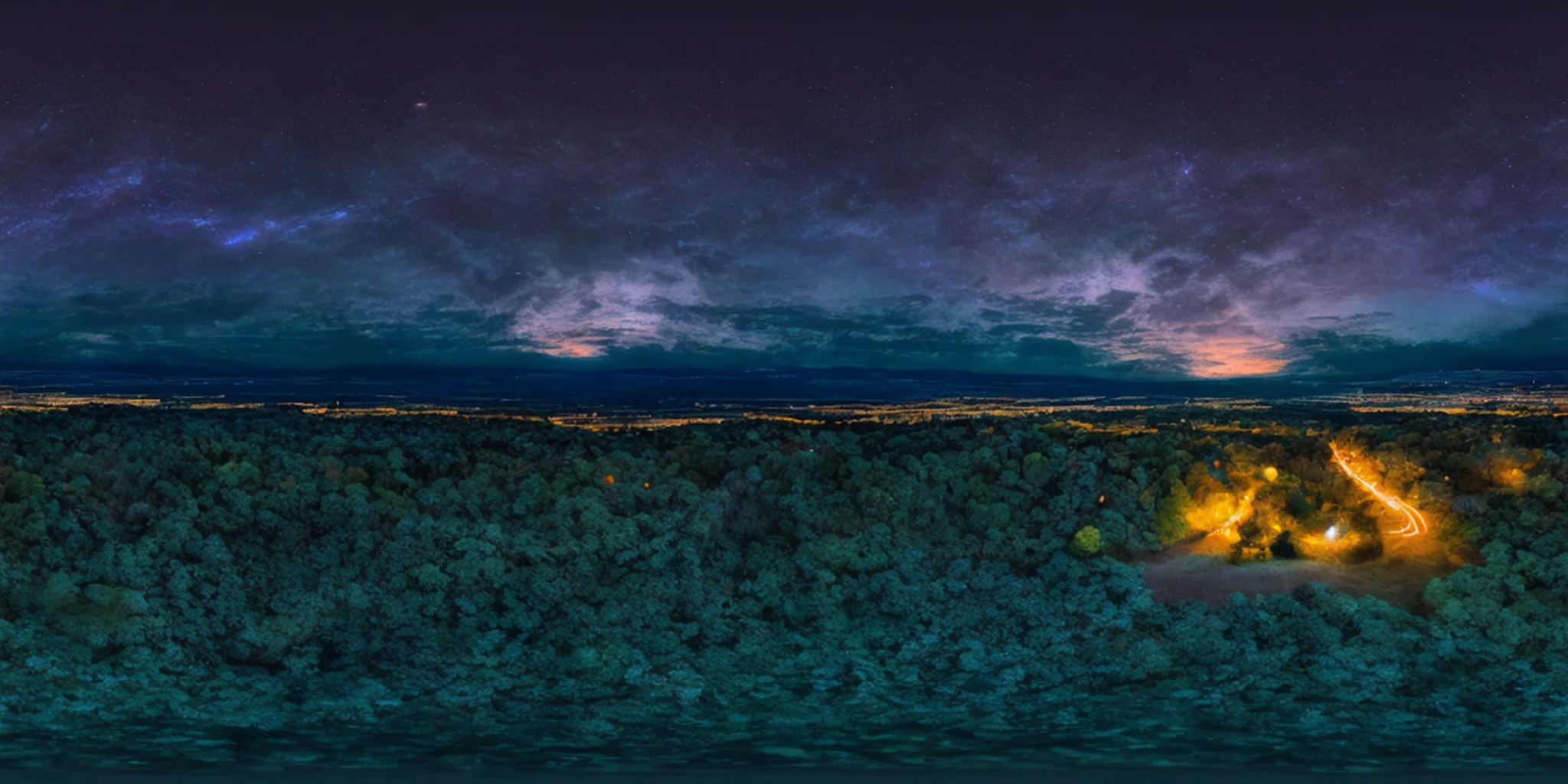 360panorama,No seams,Generate an enchanting and surreal depiction of a world locked in perpetual twilight. Picture a captivating landscape where the boundaries between day and night blur into an everlasting twilight. The sky should be a mesmerizing blend of deep blues and soft purples,with a faint,ethereal glow on the horizon. Show a mystical terrain,featuring delicate,bioluminescent flora and fauna that illuminate the landscape with gentle,otherworldly radiance. Let the scene emanate a sense of tranquility,mystery,and a touch of magic. Focus on intricate details and realism to create an image that transports viewers to this captivating twilight realm,<lora:360èªæ-V1.4:1>,