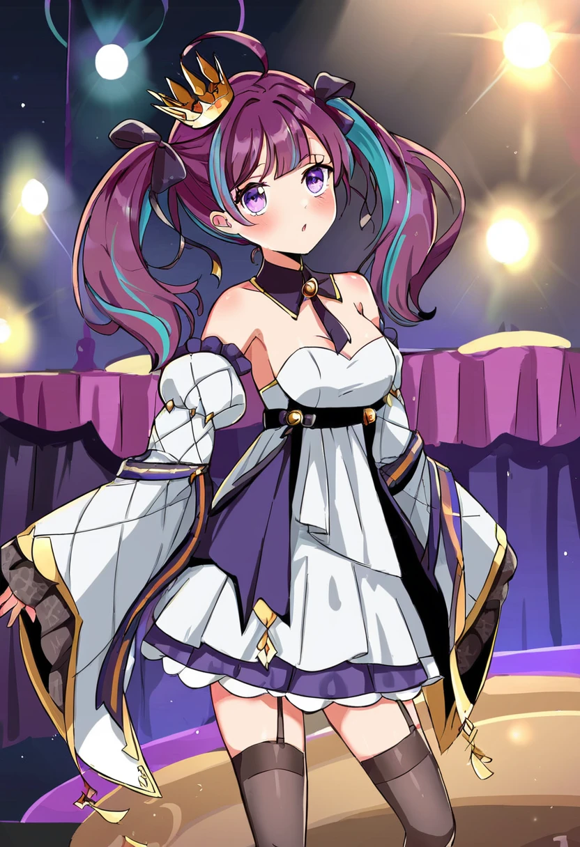masterpiece,best quality,score_9,score_8_up,score_7,1girl,source_anime,1girl,twintails,multicolored hair,detached sleeves,bangs,crown,dress,purple hair,streaked hair,white dress,ahoge,ribbon,two-tone-hair,bare shoulders,long sleeves,purple eyes,thighhighs,wide sleeves,bow,garter straps,long hair,mini crown,hair ribbon,puffy sleeves,black thigghighs,detached collar,hair bow,<lora:Pony_å°ä¸äººé±¼-000009:0.8>,indoors,on bed,blush,medium breasts,dancing,stage,