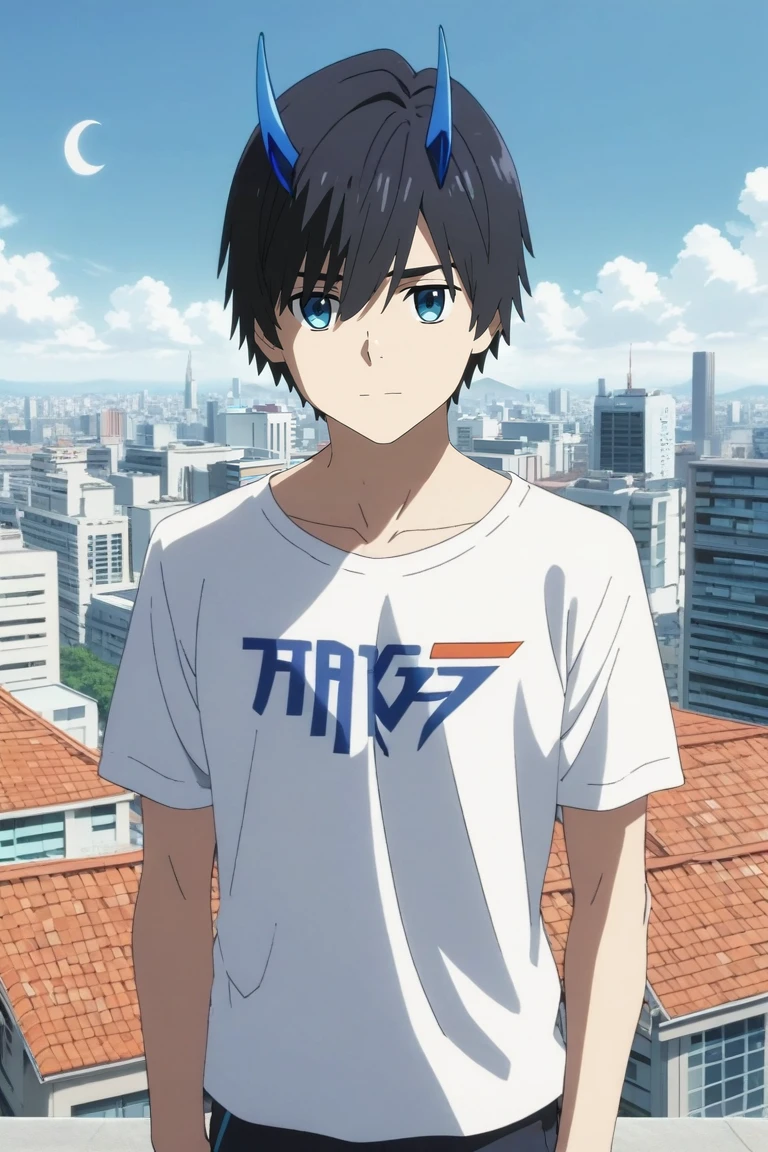 score_9, score_8_up, score_7_up, source_anime, rating_safe, intricate details, anime screencap, anime coloring, official style, looking at viewer, , 1boy, solo, male focus, <lora:hiro_franxx_pony:0.94>, hiro_franxx, black hair, blue eyes, bangs, blue horns, oni horns, focused, rooftop, tokyo \(city\), building, skyscraper, night, crescent moon, flexing, speaking, talking, crew neck t-shirt,, <lora:sdxl_lightning_8step_lora:1>