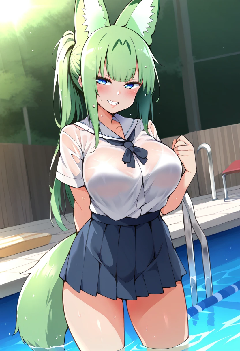 (tanned girl green hair:1.2), (full with people track field:1.2), (large tits), (pixiv masterpiece:1.2), (ahoge:1.3), (school uniform:1.0)