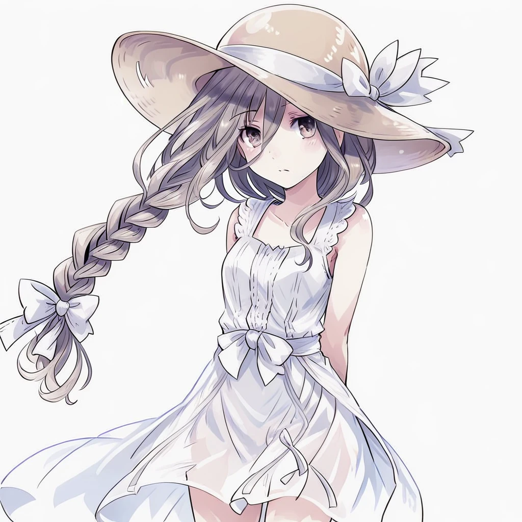 (masterpiece, best quality), (white background:1.3),takamiya mio, 1girl, solo, white dress, single braid,sun hat,sleeveless,white bow,(arms behind back), cowboy shot,facing viewer,