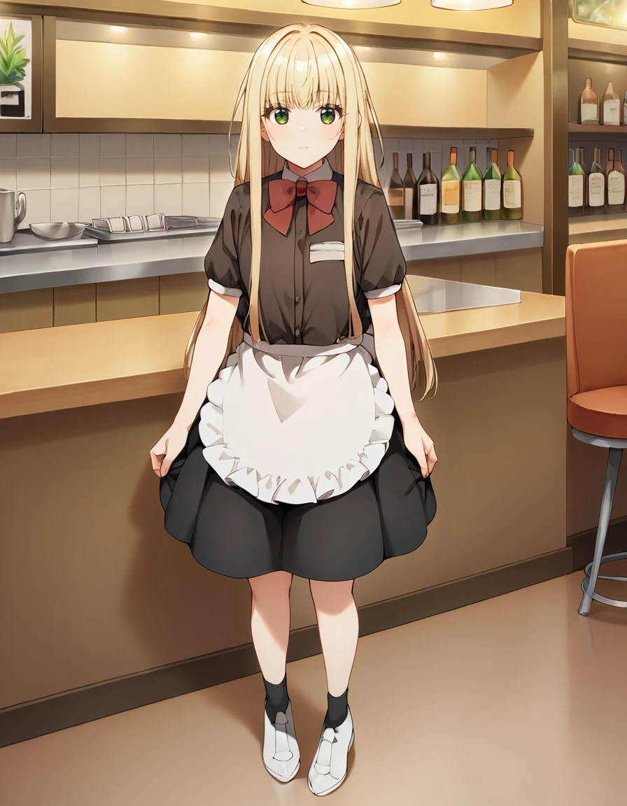 score_9, score_8_up, score_7_up, source_anime,
1girl, solo, looking at viewer, full body, arms at sides,
indoors, restaurant, counter, bar, tables,
<lora:noel_izumi_anime_v6-soralz:1>, noel izumi, blonde hair, long hair, green eyes, bangs, sidelocks,
waitress, red bow, brown shirt, short sleeves, shirt tucked in, black dress, white apron, black socks, white shoe