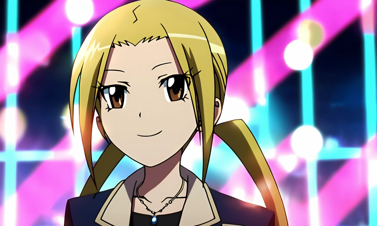 cinematic photo Hagimura_Suzu, 1girl, solo, long hair, looking at viewer, smile, blonde hair, twintails, brown eyes, jewelry, collarbone, jacket, yellow eyes, upper body, necklace, high quality,masterpiece,animestyle, highress,female focus . 35mm photograph, film, bokeh, professional, 4k, highly detailed