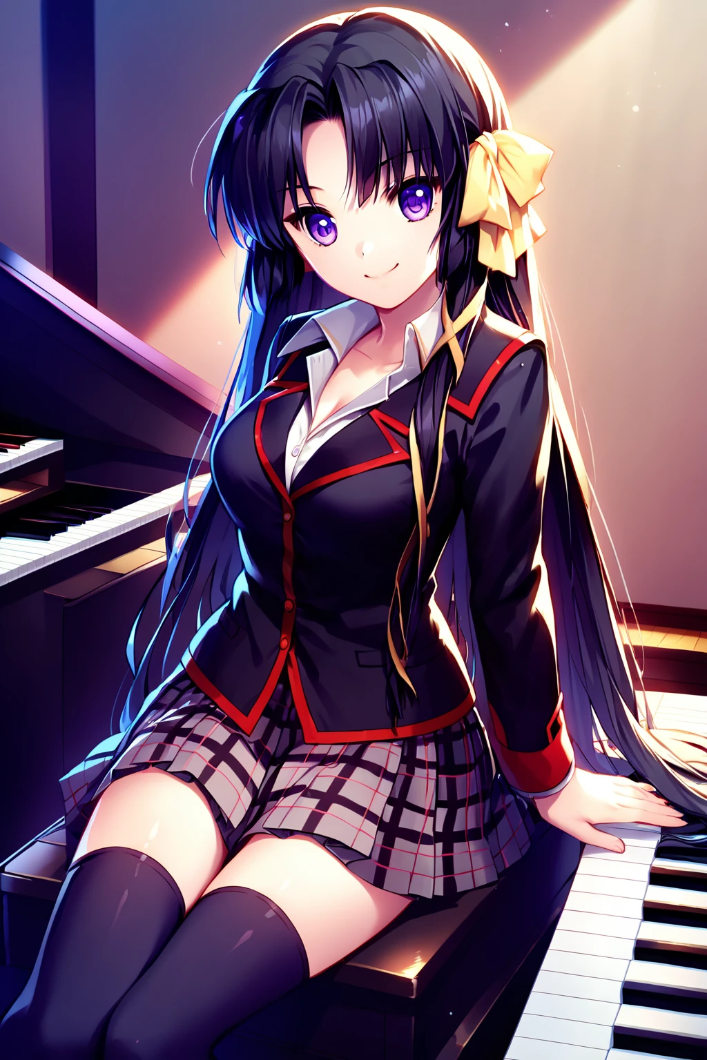 score_9, score_8_up, score_7_up, score_6_up, rating_safe, source_anime, best quality, masterpiece, detailed background, detailed eyes, indoors, grand piano, <lora:kurugaya-yuiko-xl-06:1>, kurugaya yuiko, black hair, purple eyes, medium breasts, full breasts, black uniform with red trim, pleated grey plaid skirt, black stockings, smile,