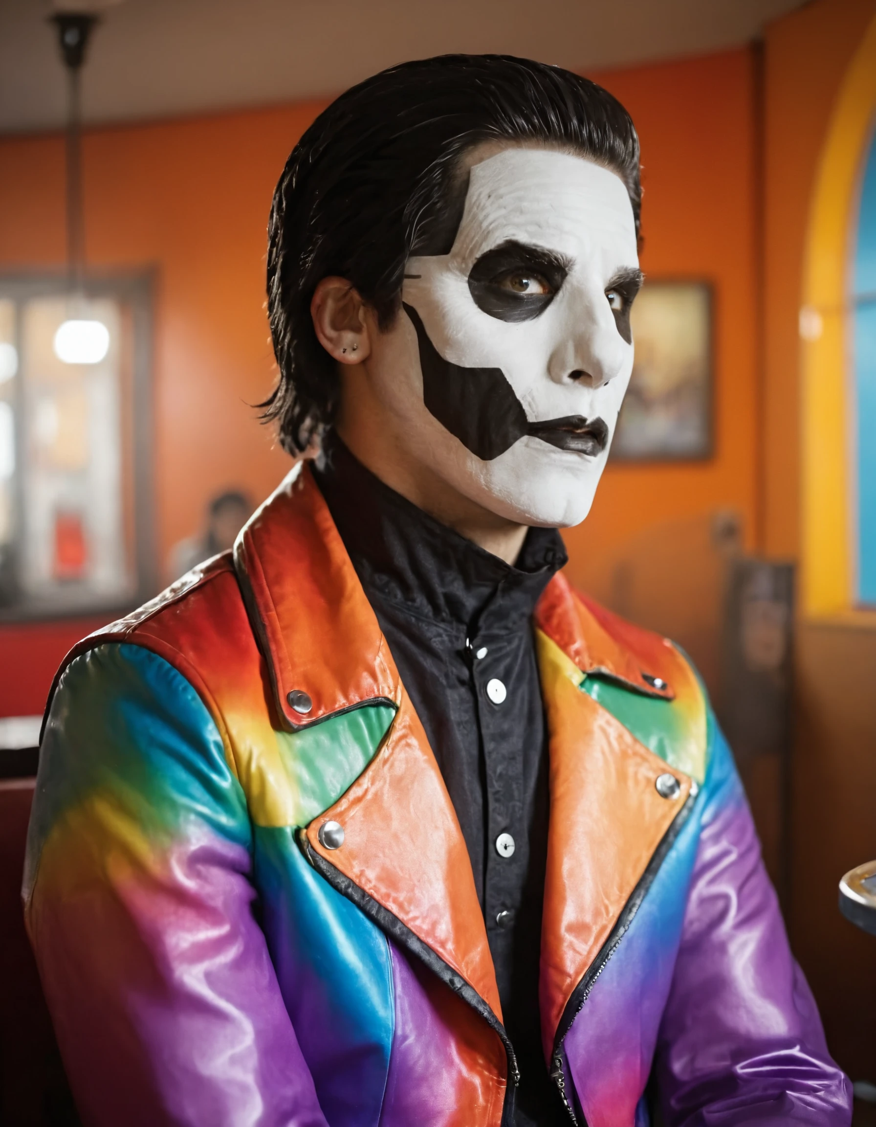 male, black hair, facepaint, rainbow biker jacket, sitting inside a rainbow café, deep focus, beautiful, highly detailed, clear background, bright colors, striking, symmetry, perfect, full color, cinematic, intricate, elegant, confident, emotional, pretty, attractive, creative, passionate, artistic, loving, enchanted, magic, glowing, sharp, expressive