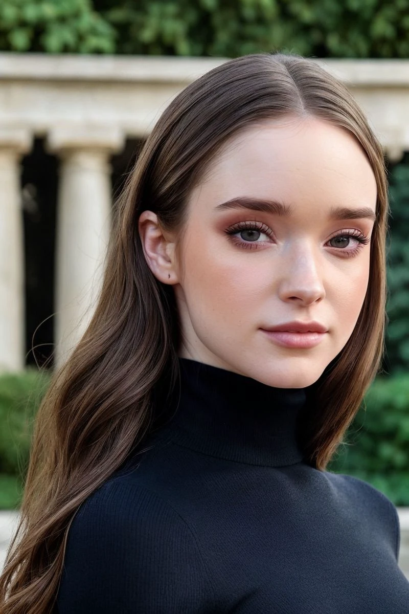 closeup headshot of S416_HazelMoore,a beautiful woman,in a (garden:1.1),wearing a (turtleneck:1.1),(updo-hair),(4k, RAW photo, best quality, 50mm, depth of field, ultra high res:1.1),(intricate, photorealistic, cinematic-shot, masterpiece, ultra-detailed:1.1),