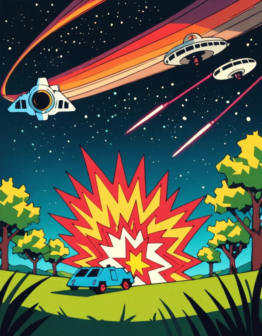 score_9, score_8_up, score_7_up, score_6_up, score_5_up, score_4_up, hud_ata_styl, no humans, sky, tree, starry sky, parody, explosion, land vehicle, spacecraft, shooting, laser, flat color, grass, motion lines, behind spacecraft,<lora:atarixlp-000007:0.8>,