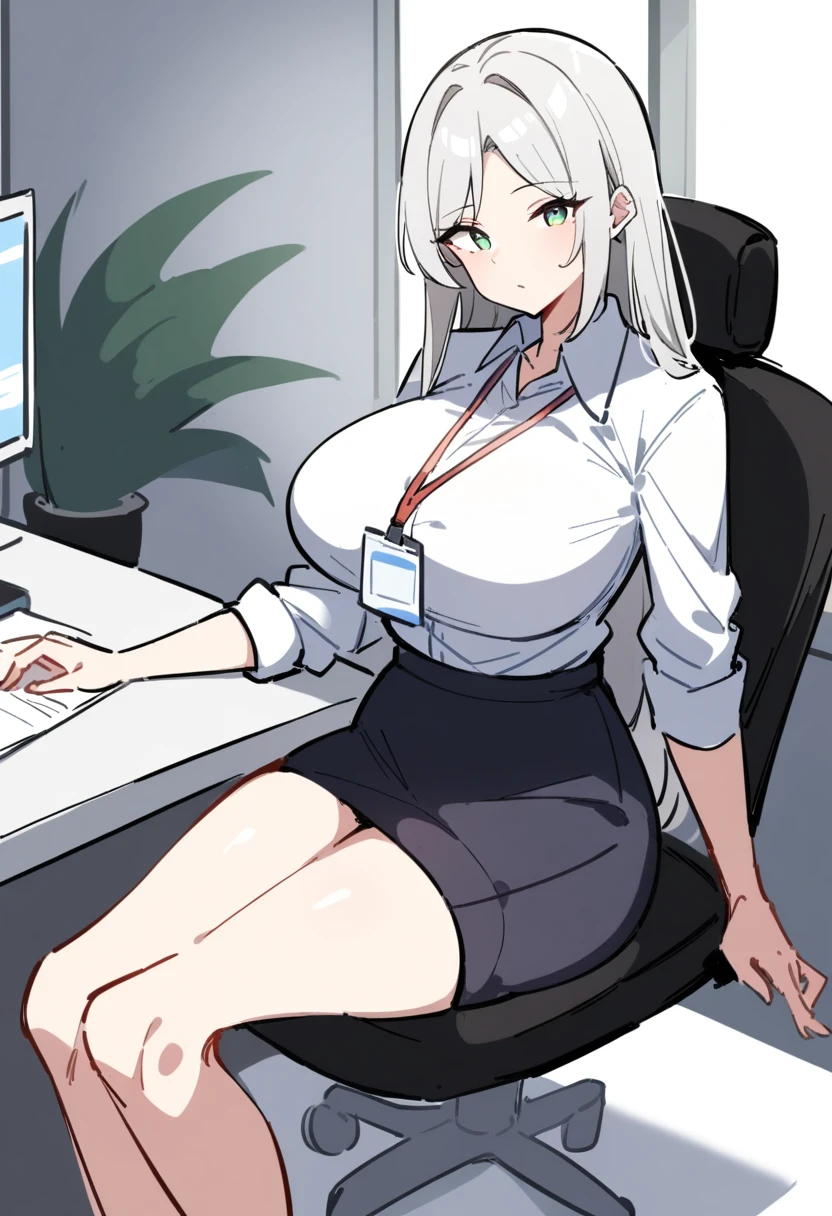 1girl, solo, mature female, sketch,
long hair, silver hair, green eyes, large breasts, white shirt, shirt, collared shirt, sitting, office chair, lanyard,
window, table,
masterpiece, best quality, very aesthetic, absurdres,
