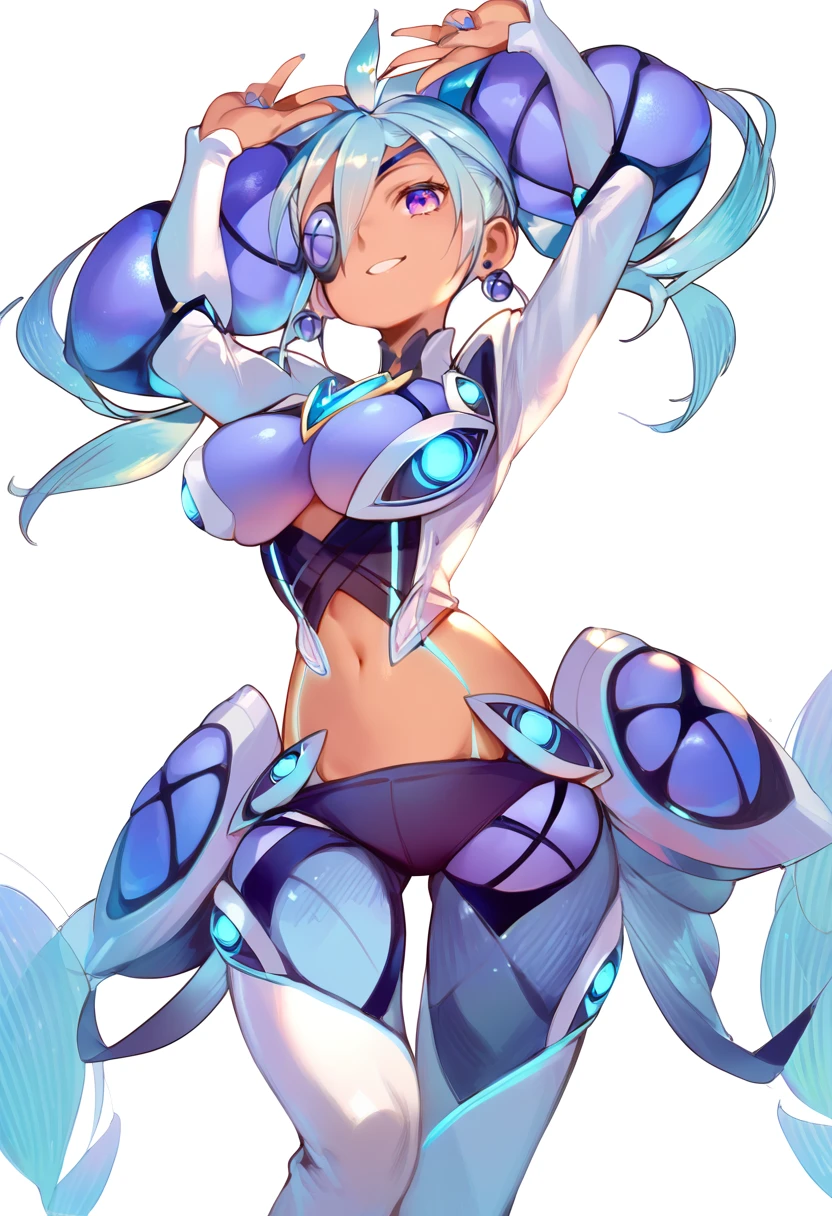 Blue Star,Twin tails,Top view,Standing on a white floor,Blue light pattern,See-through bodysuit,A bodysuit with an open chest and exposed skin,Shiny bodysuit,sexy,Large bracelet,Big anklet,Accessories that dig into your thighs