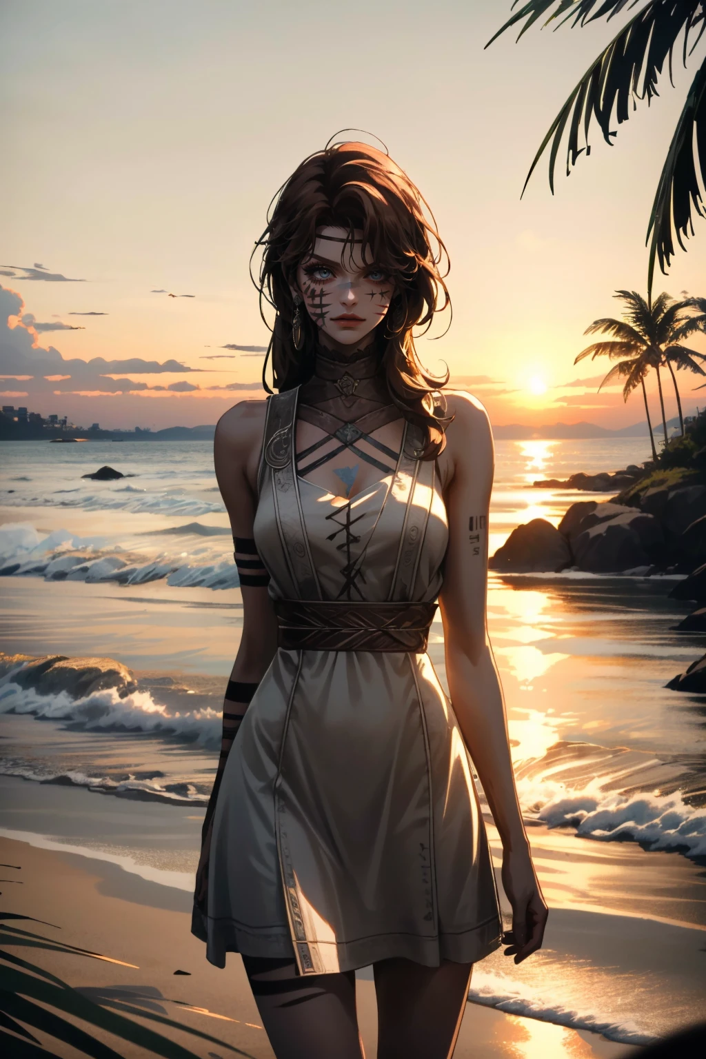 ((ultra detailed, masterpiece, absurdres))
<lora:LADanika:0.8>
LADanika, 1girl, long hair, brown hair, face paint, at the beach, minidress, palm trees, sundown