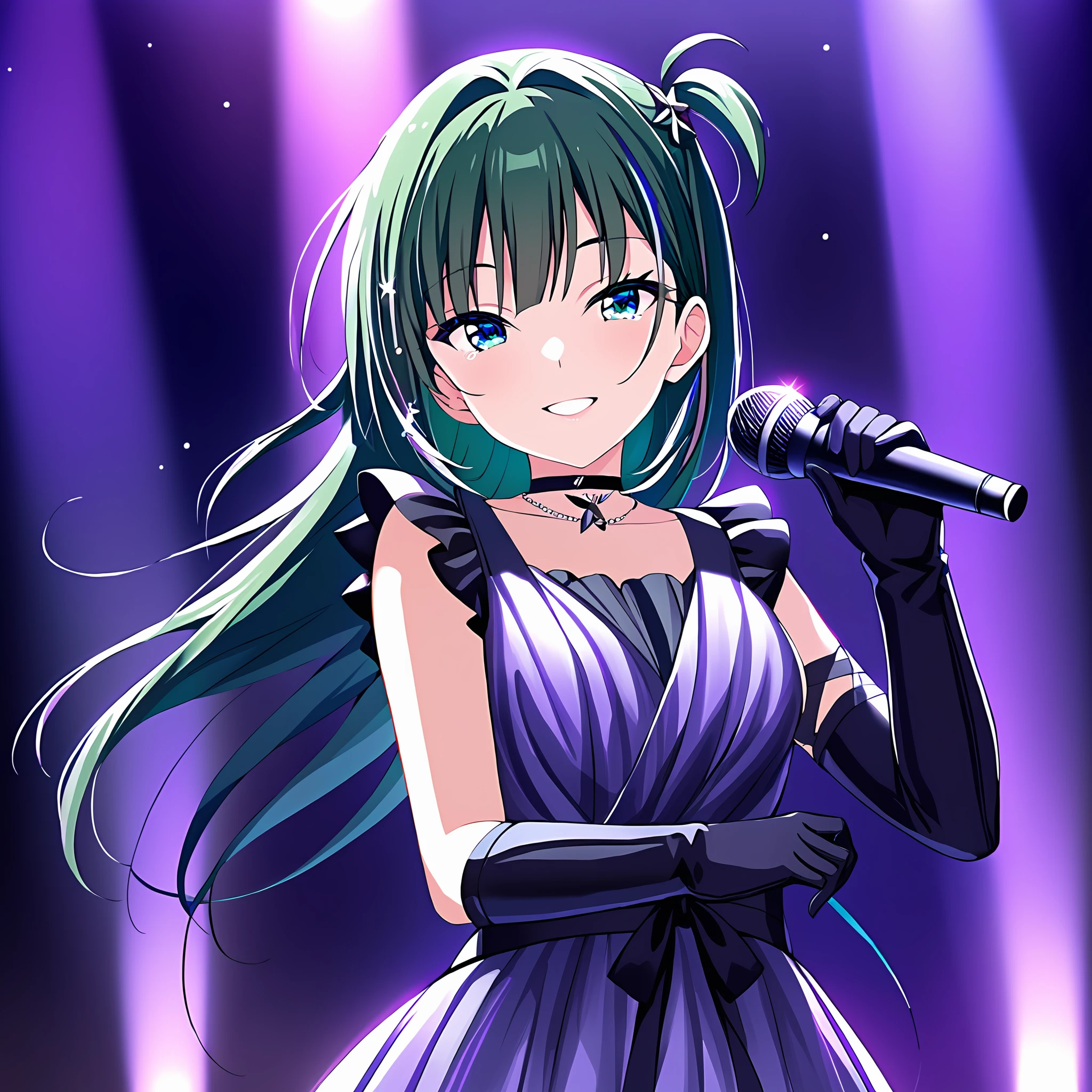 best quality,highly detailed,masterpiece,komiyama,1girl,idoly dress,solo,looking at viewer,smile,idoly gloves,microphone,holding microphone,<lora:AIv05:0.85>,on stage,happy_tears,