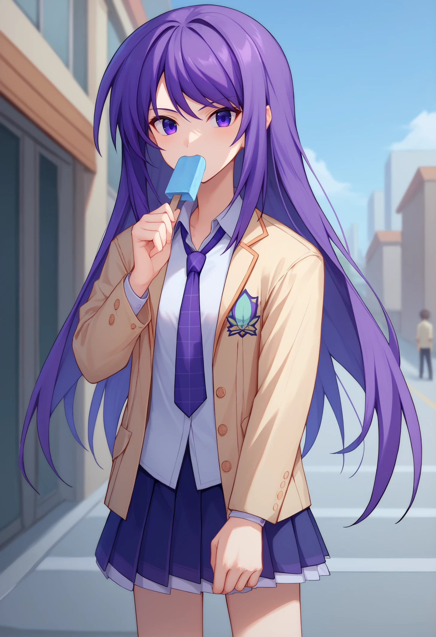 score_9, score_8_up, score_7_up, BREAK 1girl, solo, SenaAoi, purple eyes, purple hair, long hair, medium breasts, <lora:SenaAoiPDXL_V1-Manityro-CAME:1.0>, outdoors, courtyard, city,
looking at viewer, popsicle, popsicle in mouth,
uniform, emblem, beige jacket, white shirt, collared shirt, plaid necktie, purple necktie, pleated skirt, purple skirt,