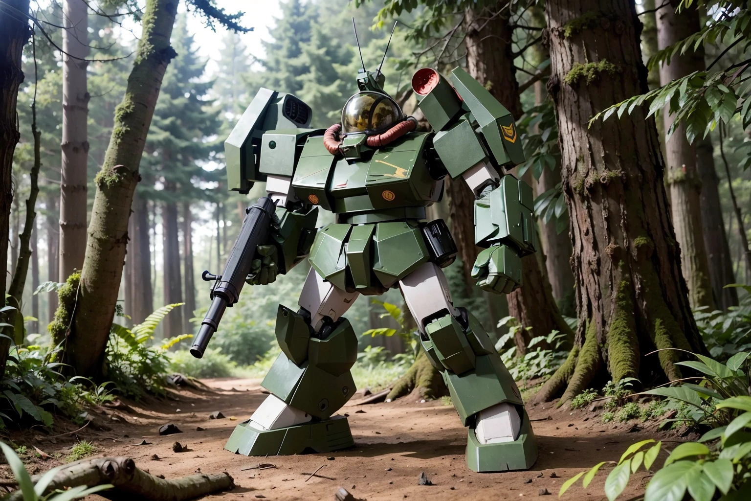 RAW photo of a camouflage giant robot with a gun in its hand, walking through a dense pine forest, forest is on fire, <lora:Robotech_ThorenGriffin:.8>