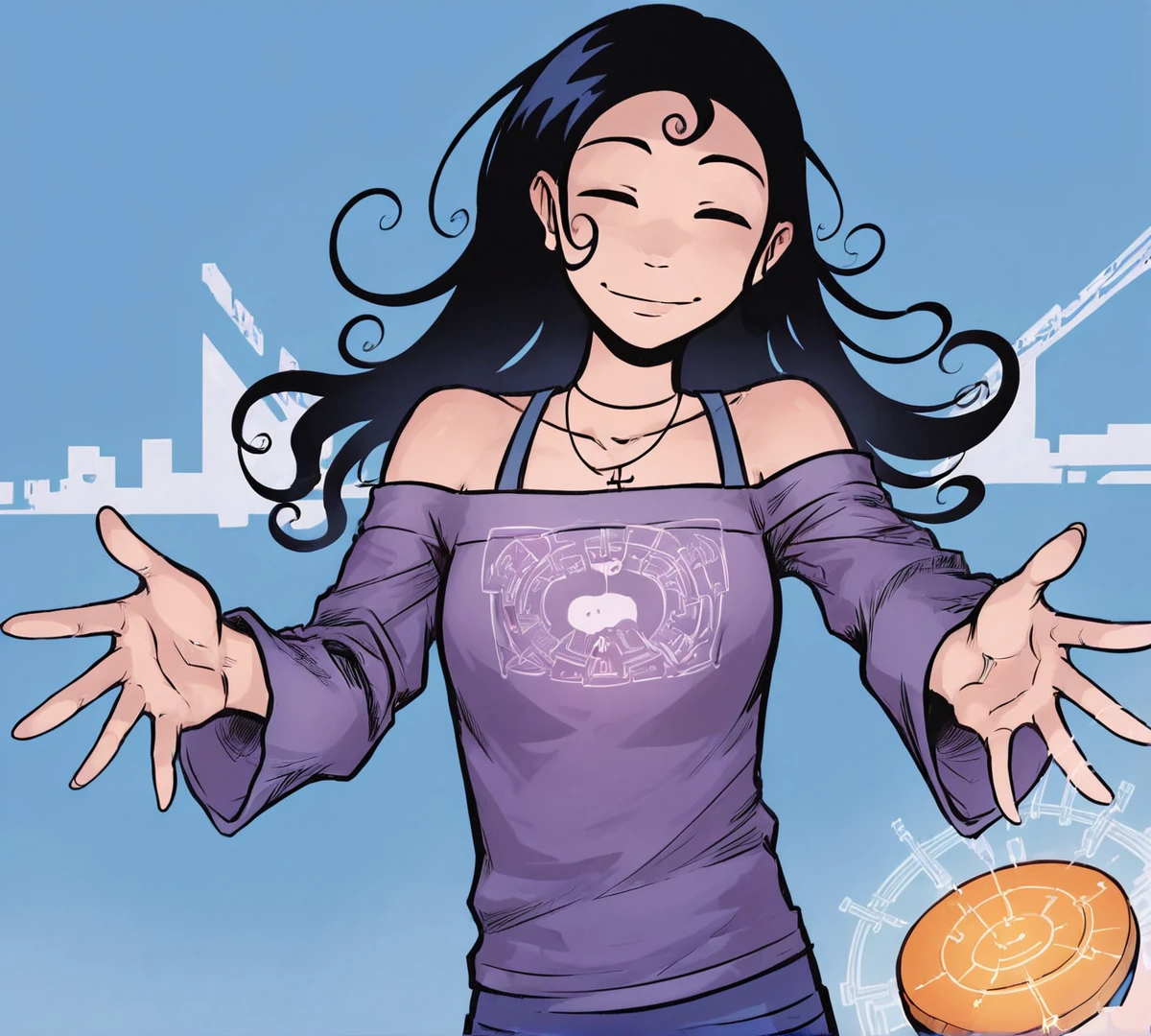 Anja, zPDXL, best quality, amazing quality, score 9, 1girl, closed eyes, purples shirt, long sleeves, reaching towards viewer, off shoulder, pov, light smile, <lora:Anja:1>