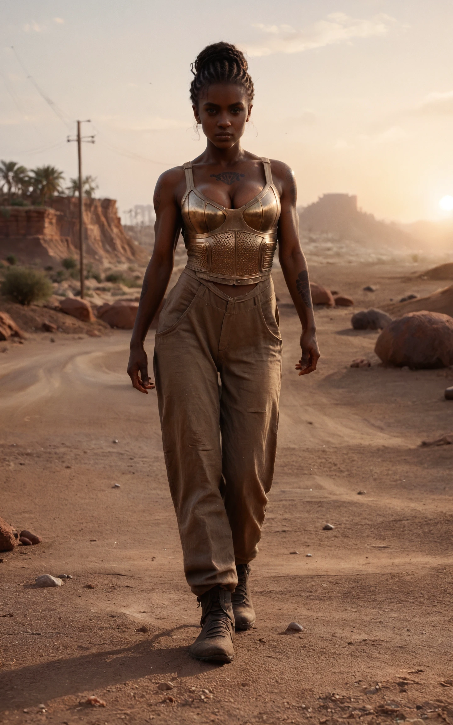 (score_9:0.6) score_8_up, sunset, chiaroscuro, film grain, photo, realistic, cinematic film still,
1girl, african woman, thin, skinny, curly bun, brown eyes,perky breasts, cleavage, aaliyah cassie, dark skinned female, (muscular legs:0.7), tattoos,
futuristic cyber armor, urban street wear,
dynamic, motion blur, movement,
(backlighting:0.6), rimlight,
dust, arid desert landscape, settlement on the horizon