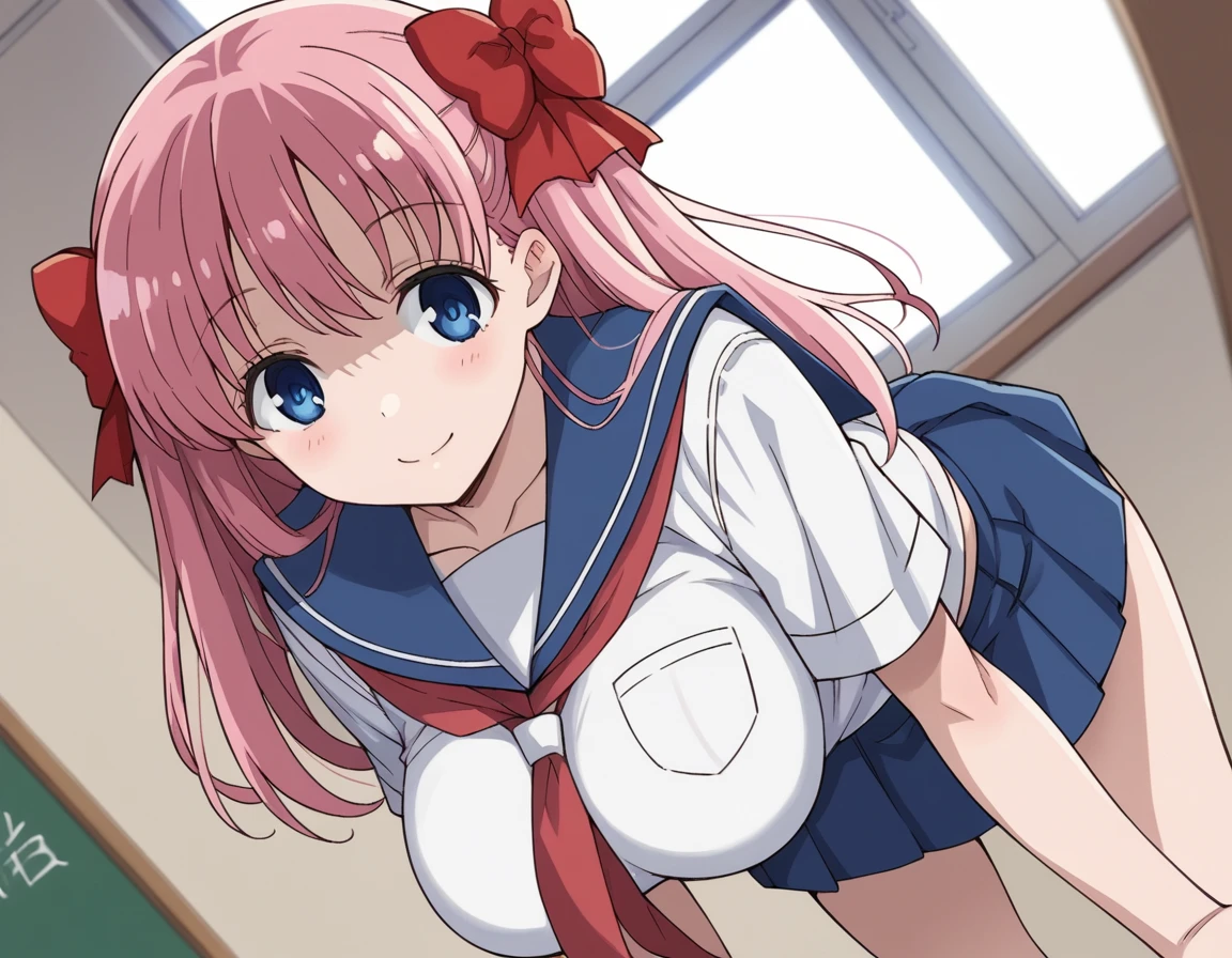 score_9, score_8_up, score_7_up, source_anime,
nodokaharamura, <lora:nodoka-haramura-s1-ponyxl-lora-nochekaiser:1>,
nodoka haramura, blue eyes, hair bow, long hair, pink hair, bow, large breasts,
blue skirt, kiyosumi school uniform, pleated skirt, school uniform, serafuku, skirt,
indoors, classroom, bent over, smile,
solo, looking at viewer, cowboy shot, dutch angle,