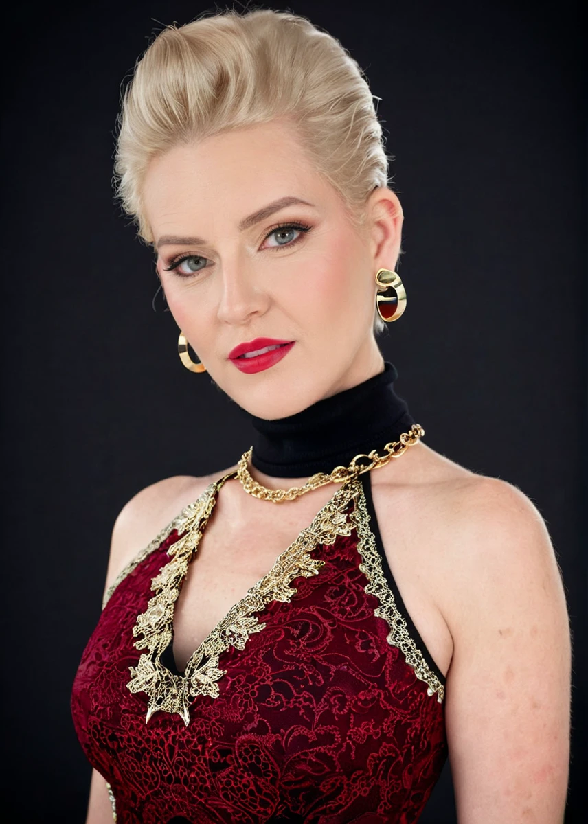 captivating masterpiece of an woman with blonde hair in a ((((neckholder dress with turtleneck)))) ,long earrings, necklace, half body, The intricate lace and gold details exude a very rebellious aura. ((The use of high-shine gloss adds a touch of glamour to the look)), ((while the deep red and black hues give it a dramatic vibe)), blurred background, studio ligthing, facing camera, shallow depth of field, <lora:MS_Bobbi_Shay_V1_SDXL:0.8>