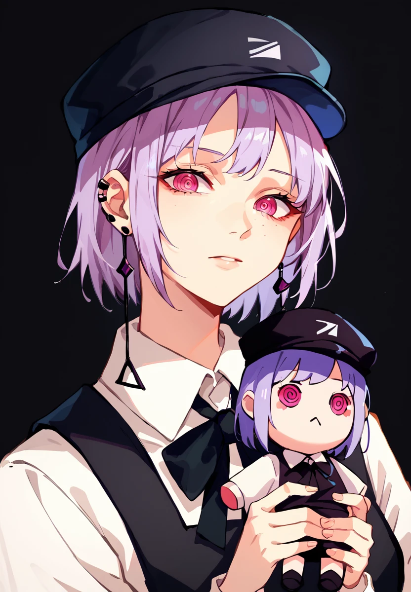 score_9, score_8_up, score_7_up, <lora:holding_fufu_pony_d16:1>, 1girl, aged_up, looking at viewer, holding character doll, <lora:Fami (Chainsaw Man) Pony:0.7>, fami, ringed eyes, short hair, pale_purple_hair, triangle earrings, pink eyes, hat, black ribbon, black pinafore dress, simple background, dark background.