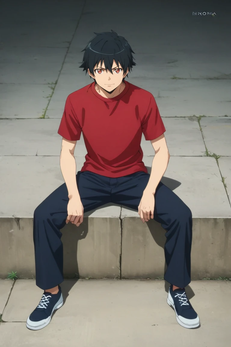 score_9, score_8_up, score_7_up, source_anime, rating_safe, , (realistic:0.6), looking at viewer, , 1boy, solo, male focus, <lora:sadao_maou_pony:0.88>, sadao_maou, black hair, red eyes, short hair, hair between eyes, straight-on, full body, hill, noon, spread legs, smirk, fruits costume, <lora:sdxl_lightning_8step_lora:1>