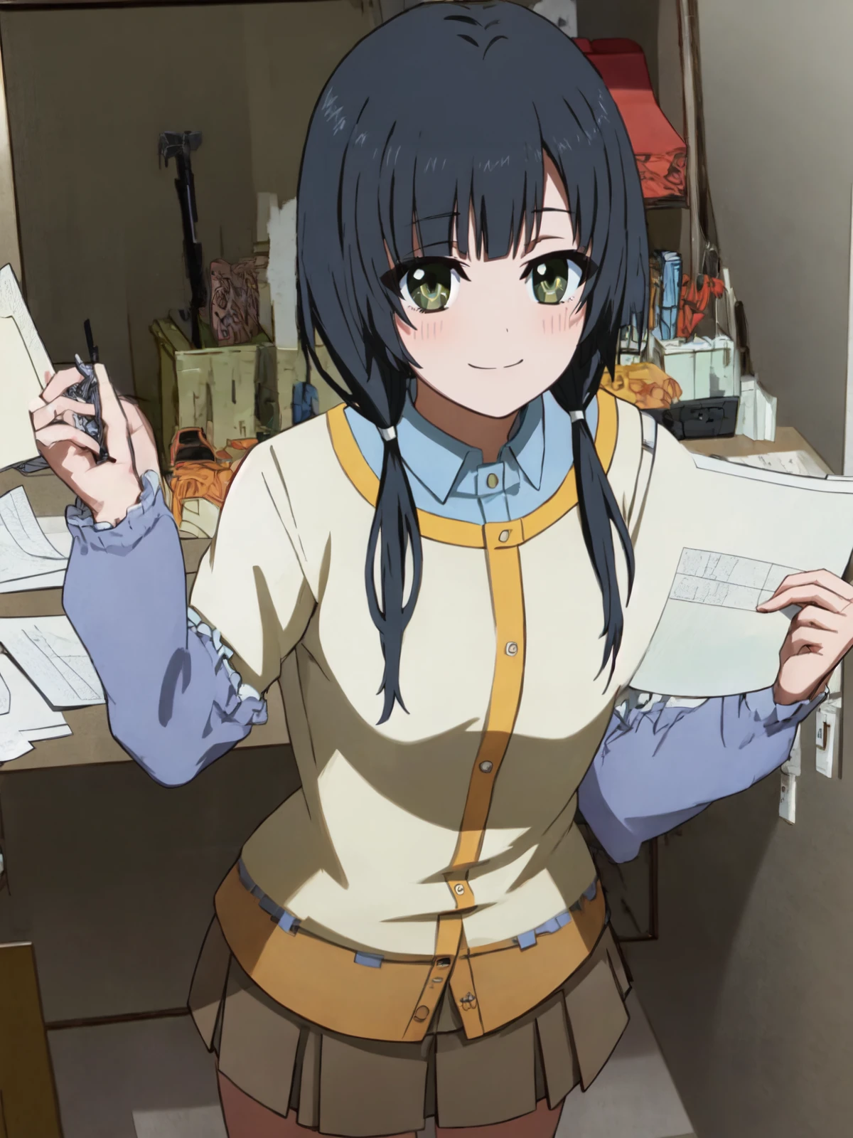 SLE, mksks style, detailed background SLE, mksks style, detailed background absurdres, highres, cowboy shot, solo, 1girl, <lora:Ema Yasuhara (SHIROBAKO):1>, ema yasuhara, anime 5, standing, smile, looking at viewer, holding paper, blush, paper, office, indoors