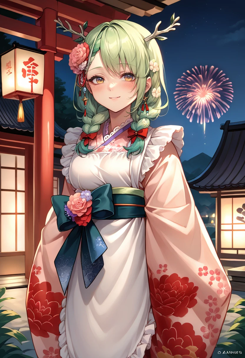 score_9, score_8_up, source_anime, 1girl, solo, FaunaNewYears, mole under eye, antlers, twin braids, hair flowers, red hair bows, pink kimono, print kimono, white apron, frilled apron, green sash, outdoors, night, aerial fireworks, smile, blush, shrine, <lora:ChamCeresFaunaPonyXL:1>