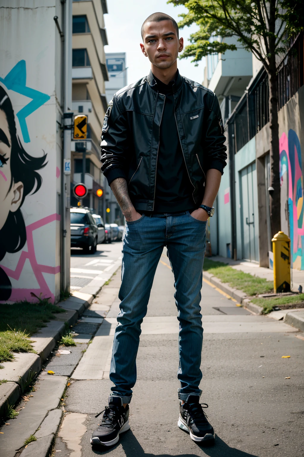 ((ultra detailed, masterpiece, absurdres))
<lora:DBHMarkus:0.8>
DBHMarkus, 1boy, buzz cut, dark skin, Urban street scene with vibrant graffiti murals, model in stylish attire