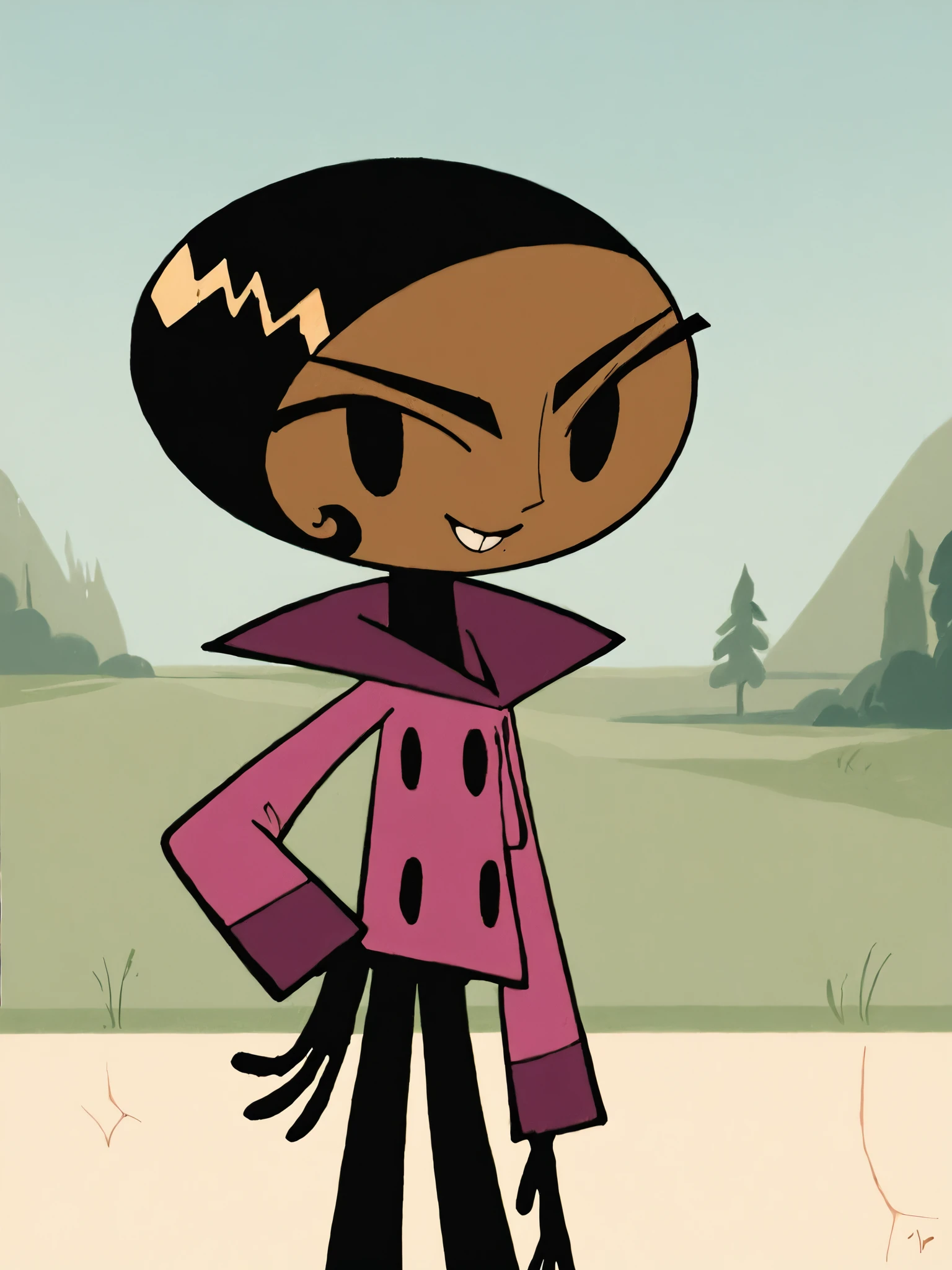 <lora:BritPony1.3:1> brit, solo, 1girl, black hair, short hair, dark-skinned female, black eyes, pink jacket, black pants,black,black gloves, buttons, score_9, score_8_up, score_7_up, score_6_up, score_5_up, score_4_up, smile, outdoors, looking at viewer, hand on own hip,