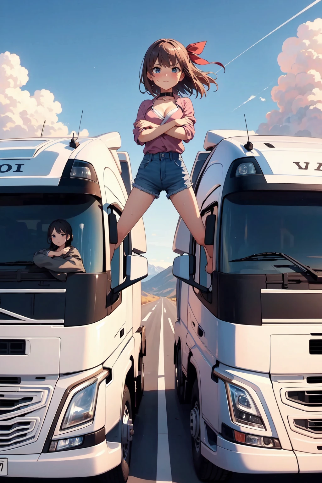 (((masterpiece))), (((best quality))), (((barefoot))), (((epic split))), ((crossed arms)), ((spread legs)), ((outstretched legs)), ((long legs)), sky, wind, flare, sunrise, volvo, (truck:0.9), desert road, center line, distant sierra, vanishing point, closed mouth, collar shirt, shorts, solo, 1girl, brown hair, updo, ribbon, sweat, cleavage, big tits, shy, blush, slim figure,<lora:girllikeepicsplit:0.8>