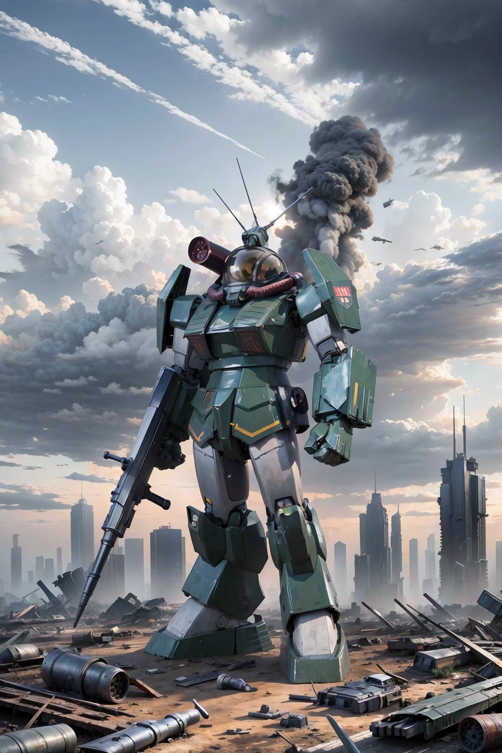 RAW photo of a giant robot with a gun in its hand, standing in a desolate, destroyed post-apocalyptic city, cloudy sky, harsh landscape, cluttered with debris
<lora:Robotech_ThorenGriffin:1>