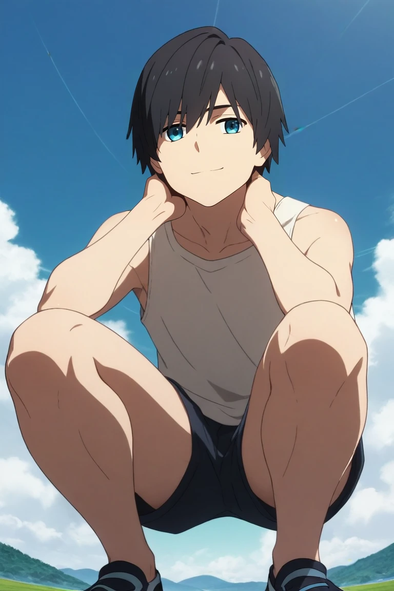 score_9, score_8_up, score_7_up, source_anime, rating_safe, intricate details, (photorealistic:0.6), looking at viewer, , 1boy, solo, male focus, <lora:hiro_franxx_pony:0.8>, hiro_franxx, black hair, blue eyes, bangs, , from below, hill, dark, squatting, seductive smile, , <lora:sdxl_lightning_8step_lora:1>