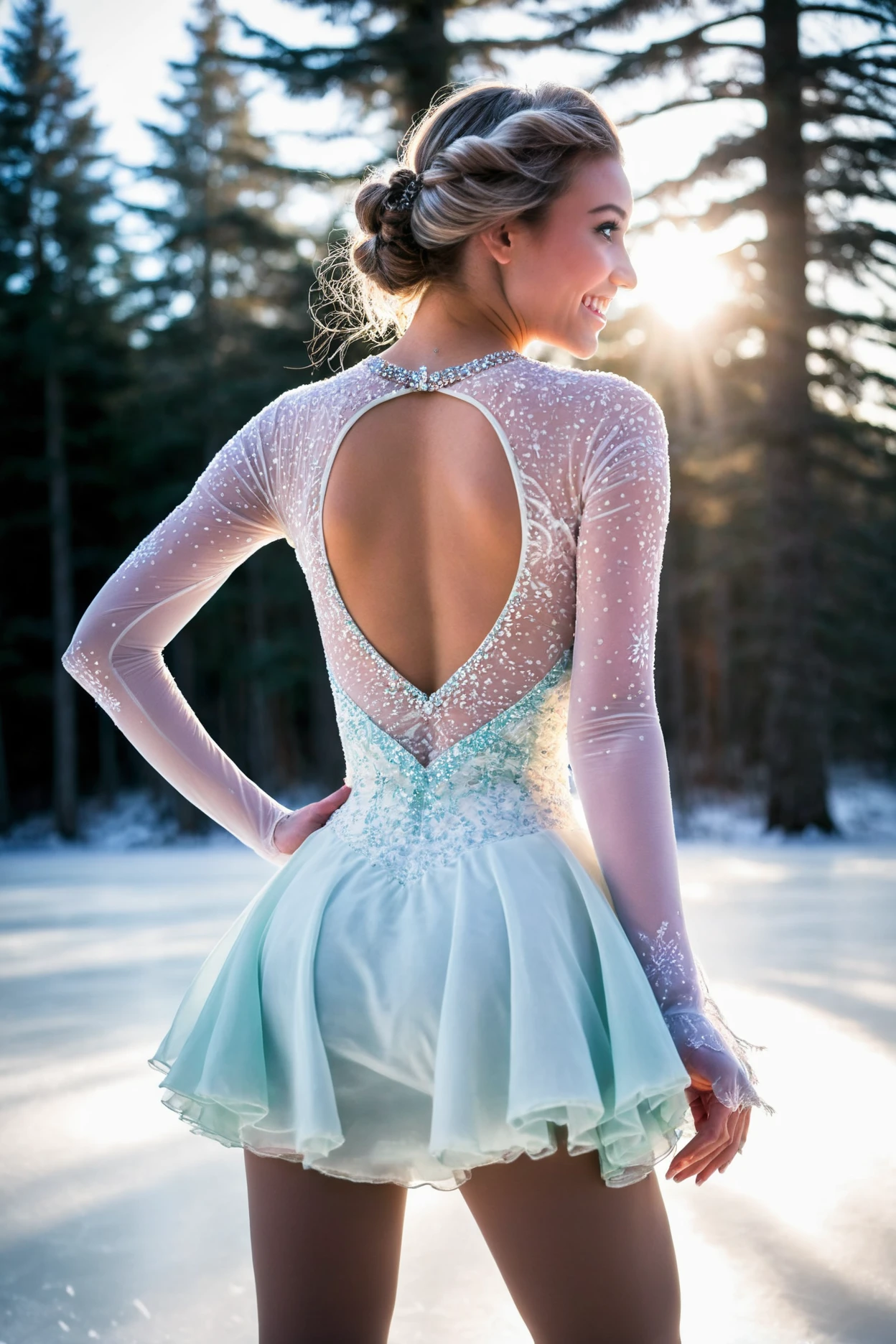 DSLR,woman,21 years old,1girl,cute,figure skating dress,sleeves,half body,romantic dress,smiling,makeup,tight fluffy dress,feminine bodice,from behind,winter forest,backlit,volumetric lighting,frozen lake,rink,snowing,[fisheye lens],complimentary colors,analogous colors,
<lora:figureskatingdress_v14:0.6><lora:iphone_mirror_selfie_v01b:0.7>