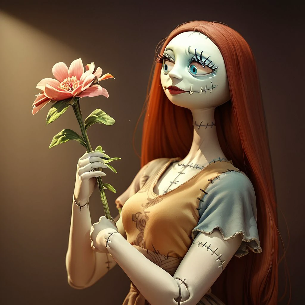 score_9, score_8_up, score_7_up, score_6_up, score_5_up, score_4_up, rating_questionable, 1girl, sa_lly, stitches, in a dark room, holding a flower