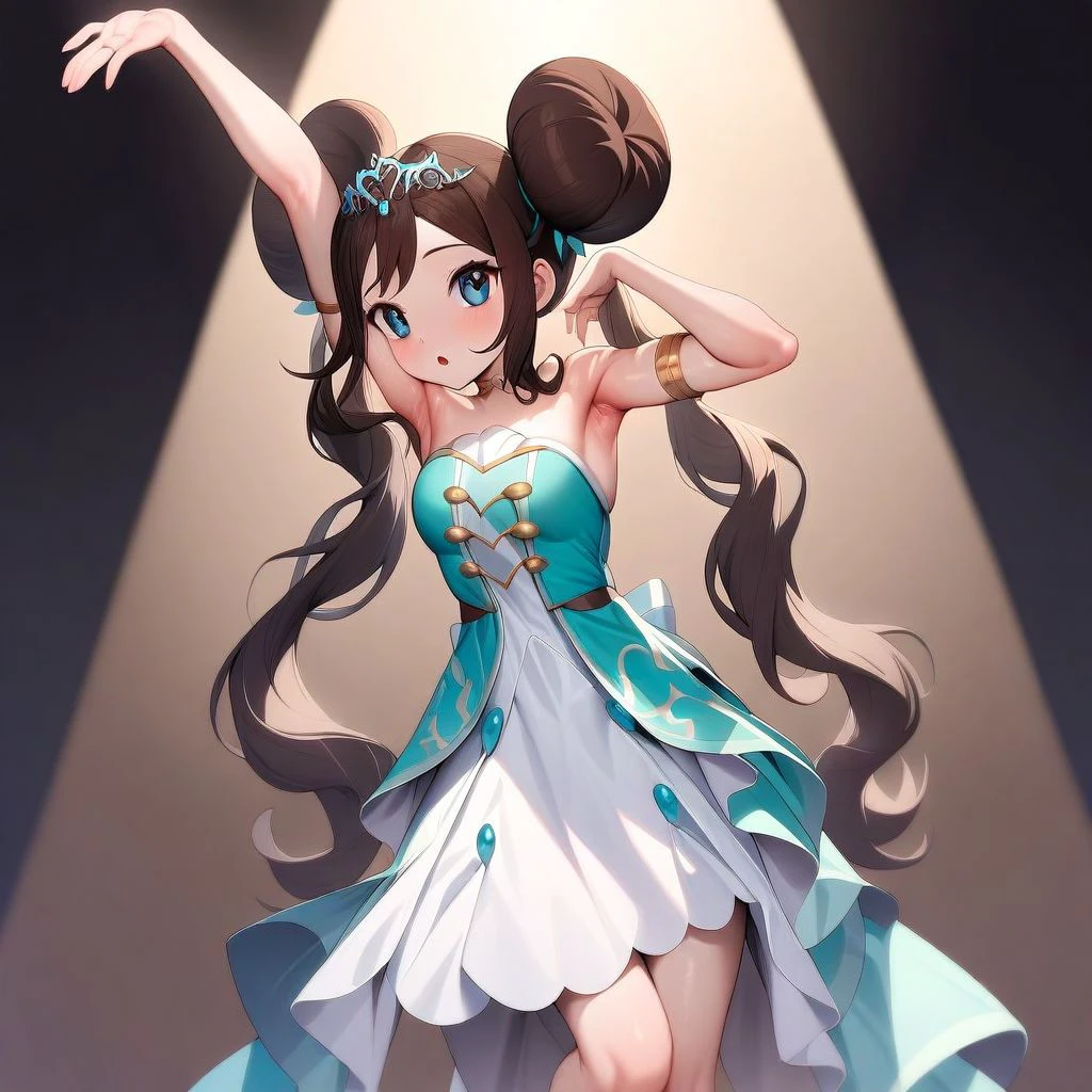 high quality, masterpiece, best quality, aesthetic, very aesthetic, solo, 1girl, brown hair, blue eyes, double bun, twintails, long hair, wavy hair, tiara, aqua dress, white dress, strapless, armlet, arm up, :o, armpit, armpit crease, spotlight, stage