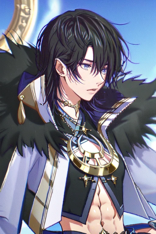 frilled sleeves,(masterpiece),(best_quality),1boy,Gattenshi_eyes,fur-trimmed jacket,gold choker,crescent ornament,black vest,abs cutout,belt,<lora:Gattenshi:1>,
